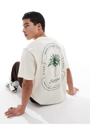 JACK & JONES – Oversize-T-Shirt in Beige mit Palmen-Print