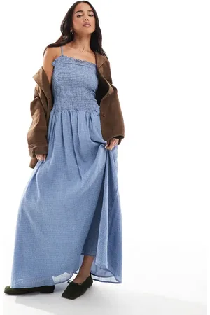 Daisy Street – Gesmoktes Maxikleid mit tiefer Taille und blauem Vichy-Karo