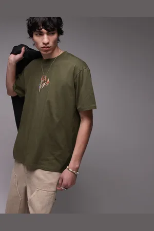 Topman – Hochwertiges T-Shirt in Dunkelgrün mit Blumenstrickerei