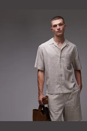 Topman – Kurzärmliges, mittelschweres Hemd in Beige kariert