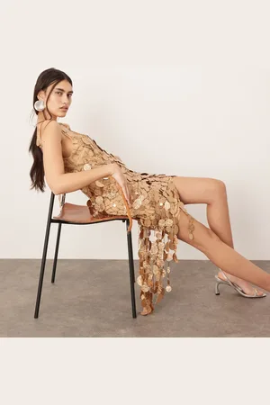 ASOS – Asymmetrisches, transparentes Minikleid in Bronze mit Fransensaum, Gittermuster und Paillettenbesatz