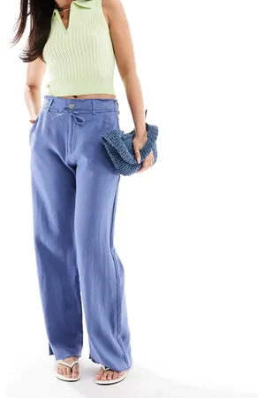 Pull&Bear – Hose aus Leinenmix in mit unverarbeitetem Saum und weitem Bein