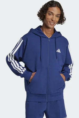 adidas – Essentials – Kapuzenjacke aus French Terry in Dunkelblau / Weiß mit den drei Streifen