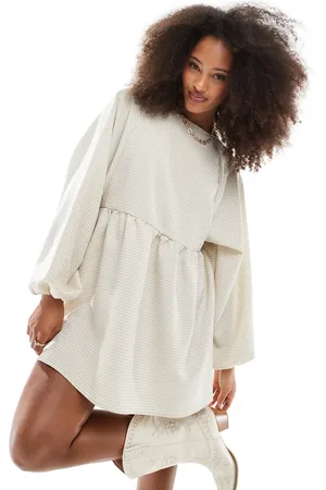 Daisy Street – Kurzes, langärmliges Oversize-Hängerkleid in verwaschenem Sandbeige kariert