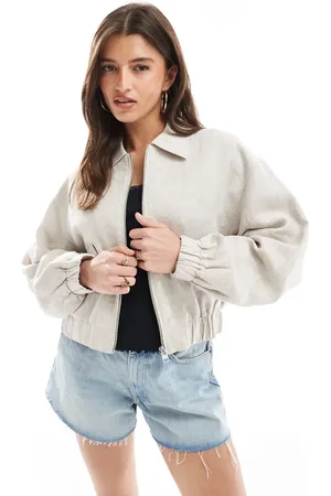 Pull&Bear – Bomberjacke aus Leinen in Ecru