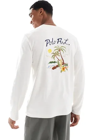Ralph Lauren – Langärmliges Shirt aus Baumwoll-Frottee in Creme mit Stickerei-Logo am Rücken