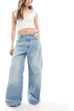 Pull&Bear – Weite Jeans in Mittelblau mit mittelhohem, ungesäumtem Bund