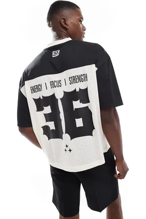Pull&Bear – STWD – Rugby-T-Shirt in Schwarz und mit Retro-Sportprints