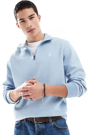 Ralph Lauren – Doppelstrick-Sweatshirt in hellblau meliert mit Markenlogo und kurzem Reißverschluss