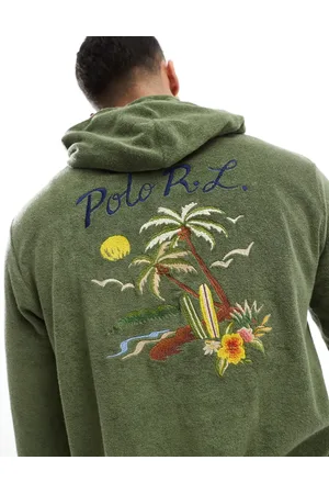 Ralph Lauren – Kapuzenpullover aus leichten Baumwoll-Terry in Mittelgrün mit Stickerei am Rücken