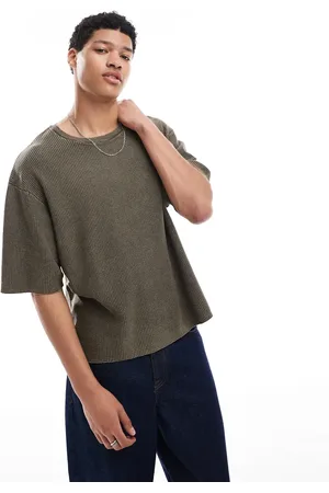 Pull&Bear – Gestricktes T-Shirt in verwaschenem Khaki