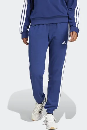 adidas – Essentials – Hose in Dunkelblau / Weiß aus French Terry mit Bündchen und den 3 Streifen