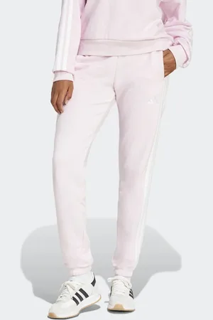 adidas – Essentials – Hose aus French Terry in klarem / Weiß mit den drei Streifen und Bündchen