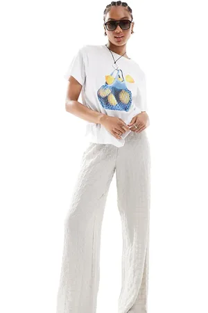ONLY – Seersucker-Hose in Steinbeige mit weitem Bein