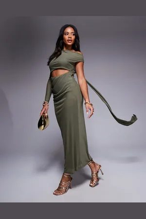 ASOS – Midaxi-Kleid in Khaki mit einem Ärmel, Rückenausschnitt, Schärpendetail und Netzstoffeinsätzen
