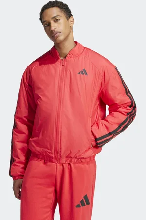adidas – Essentials – Isolierte Bomberjacke in reinem Rubinrot mit drei Streifen