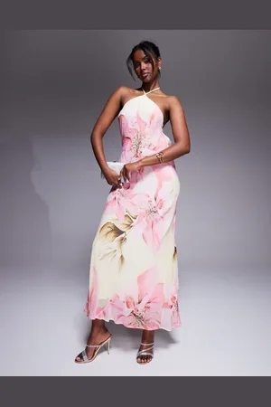 River Island – Neckholder-Maxikleid in mit Blumenmuster und verziertem Detail