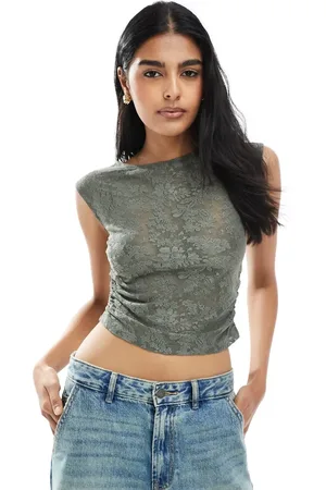 Pull&Bear – Seitlich gerafftes Oberteil in Khaki mit Blumenstruktur