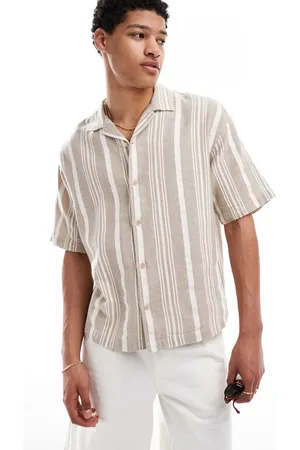 Pull&Bear – Rustikales Hemd in Steinbeige mit Streifen