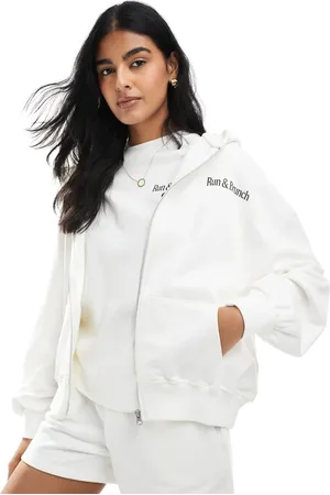 Pull&Bear – Oversize-Kapuzenjacke in Ecru mit Reißverschluss und „Running Club“-Print