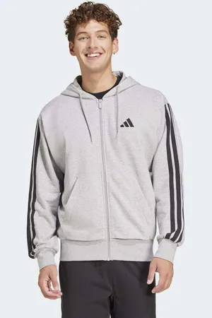 adidas – Essentials – Kapuzenjacke in Mittelgrau meliert / Schwarz aus French Terry mit den 3 Streifen und Reißverschluss