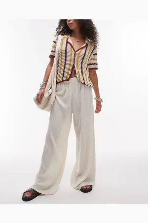 Topshop – Hose in Steinbeige mit weitem Bein und Strukturmuster