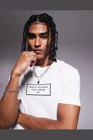 Armani Exchange – T-Shirt in Wollweiß mit eckigem Logo