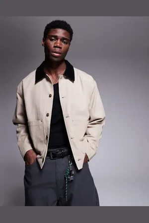 ASOS – Harrington-Jacke in verwaschenem Steinbeige mit Cordkragen und Oversize-Schnitt