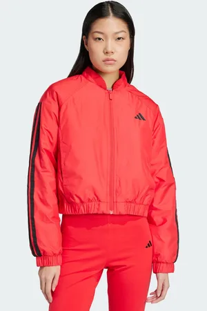 adidas – Essentials – Isolierte Cropped-Bomberjacke in reinem Rubinrot mit drei Streifen