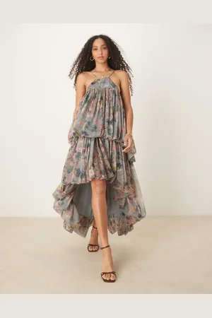 ASOS – Maxikleid mit Riemchenträgern, nach hinten abfallendem Saum, Blumenmuster und prägnantem doppeltem Ballonsaum