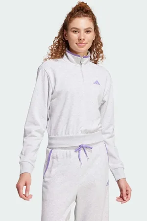 adidas – Essentials – Trainingsjacke aus French-Terry-Frottee in Hellgrau meliert mit Farbakzent und Viertelreißverschluss