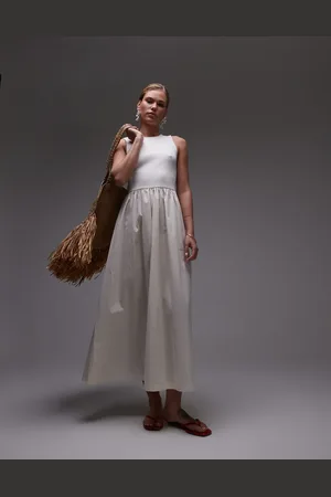 Topshop – Maxikleid aus Popeline-Mix in Wollweiß