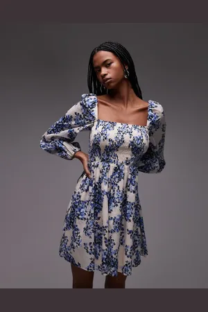& OTHER STORIES – Minikleid mit blauem Blumenprint, quadratischem Ausschnitt und gerafftem Oberteil