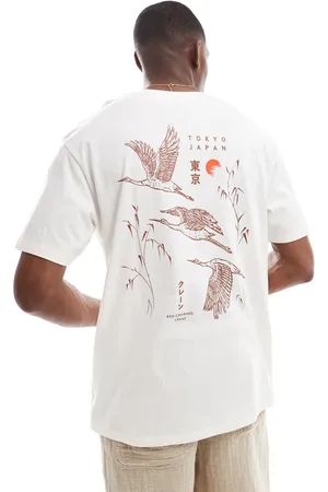 JACK & JONES – Oversize-T-Shirt in Cremeweiß mit Kranich-Rückenprint