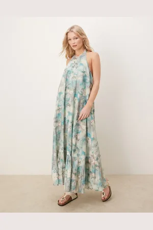 ASOS – Maxikleid mit Blumenmuster in verschwommenen Farben, Neckholder und gerafftem Saum