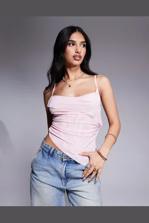 ASOS – Fließendes Camisole-Oberteil aus transparentem Netzstoff in Pastellrosa mit Wasserfallausschnitt vorn