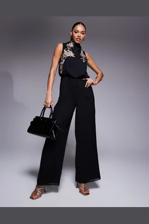 ASOS – Jumpsuit in mit Stickerei, weitem Bein und Wasserfallausschnitt