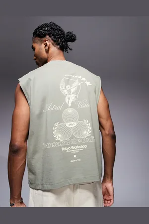 ASOS – Kastiges Oversize-Tanktop in hellem Khaki mit Print auf Vorder- und Rückseite