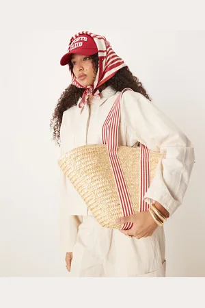 My Accessories – Mittelgroße Stroh-Tragetasche in Beige mit gestreiften Kontrasthenkeln