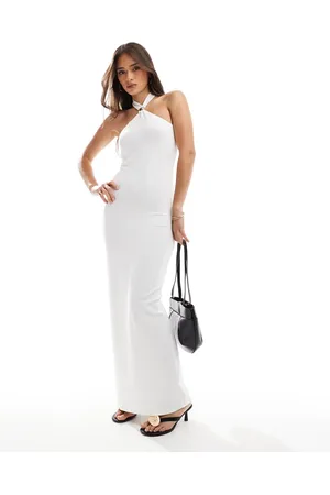 4th & Reckless – Doppellagiges, geschmeidiges Neckholder-Maxikleid in Creme mit Metalldetail in Gold