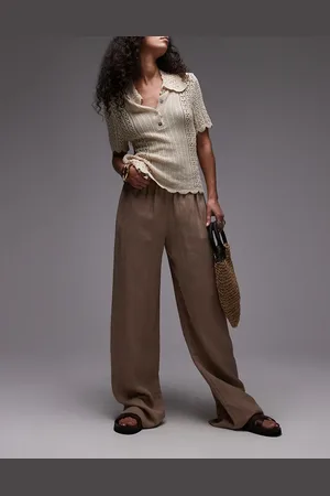 MANGO – Gerade geschnittene Hose in Beige mit Knitterstruktur und elastischem Bund
