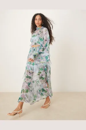 ASOS – Hochgeschlossenes Maxikleid mit Blumenprint, Rüschenärmeln und Zierausschnitt