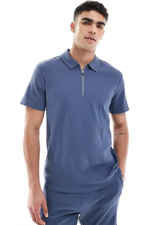Only & Sons – Strukturiertes Poloshirt in Indigoblau mit kurzem Reißverschluss, Kombiteil