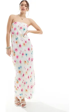 Pieces® – Trägerloses Plissee-Maxikleid in mit Blumenmuster