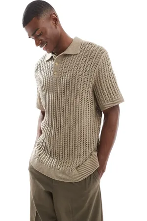 JACK & JONES Premium – Polohemd aus Häkelstrick in Hellbraun