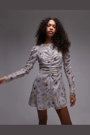 Topshop – Minikleid in mit geraffter Vorderseite und Vintage-Blumenmuster