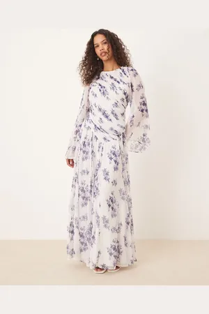 ASOS – Asymmetrisches Maxikleid mit abfallender Taille, Rückenausschnitt und lilafarbenem Blumenmuster
