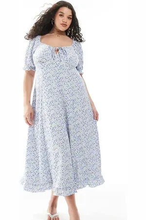 New Look New Look Curve – Midikleid in mit Milchmädchen-Ausschnitt, Blumenmuster und Knitterstruktur