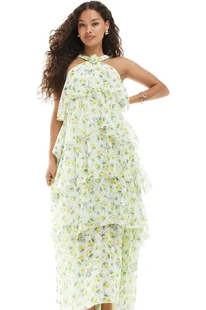VERO MODA – Felicia – Gestuftes Neckholder-Maxikleid mit Zitronenmuster und Ansteckblumendetail