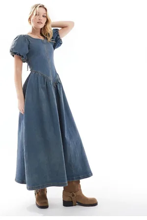 Daisy Street – Maxikleid aus Denim in blauer Vintage-Waschung mit tief angesetzter Taille und Puffärmeln